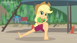 Size: 3999x2249 | Tagged: safe, artist:metalhead97, imported from derpibooru, applejack, equestria girls, equestria girls series, turf war, barefoot, beach, clothes, feet, female, fetish, foot fetish, geode of super strength, lifeguard applejack, looking at you, magical geodes, offscreen character, pov, shorts, show accurate, smiling, solo, stretching, sweat, toes