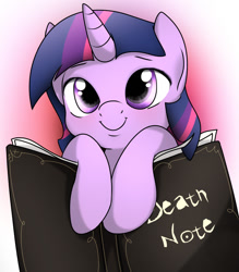Size: 1024x1168 | Tagged: safe, artist:fotasy, deleted from derpibooru, edit, imported from derpibooru, twilight sparkle, book, cute, death note, female, pure unfiltered evil, twiabetes, weapons-grade cute