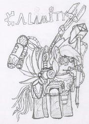 Size: 2096x1504 | Tagged: safe, artist:infinita est lux solis, imported from derpibooru, oc, oc:calamity, cyborg, fallout equestria, artificial wings, augmented, ferrus manus, iron hands, mechanical wing, traditional art, warhammer (game), warhammer 40k, wings
