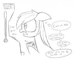 Size: 1280x1038 | Tagged: safe, artist:moonatik, imported from derpibooru, rainbow dash, fly, pony, 30 minute art challenge, addiction, female, gambling, money, slot machine, solo, song reference, sweat, thought bubble, wallet
