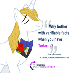 Size: 1500x1500 | Tagged: safe, imported from derpibooru, prince blueblood, pony, unicorn, bowtie, eyes closed, flower, male, politics, rose, simple background, stallion, text, turning point equestria, turning point usa, white background