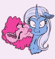 Size: 600x640 | Tagged: safe, artist:saphi-boo, imported from derpibooru, pinkie pie, trixie, cheek fluff, chest fluff, ear fluff, female, lesbian, licking, shipping, tongue out, trixiepie