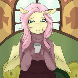 Size: 2000x2000 | Tagged: artist needed, source needed, safe, imported from derpibooru, fluttershy, anthro, clothes, cup, female, hoof hold, indoors, looking at something, mug, solo, wings