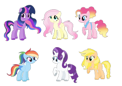 Size: 1448x1024 | Tagged: dead source, safe, artist:rainbows-skies, artist:thesmall-artist, imported from derpibooru, applejack, fluttershy, pinkie pie, rainbow dash, rarity, twilight sparkle, alicorn, pony, alternate design, apron, clothes, mane six, simple background, transparent background, twilight sparkle (alicorn), two toned wings