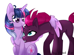 Size: 1630x1220 | Tagged: safe, artist:cloud-fly, imported from derpibooru, tempest shadow, twilight sparkle, alicorn, pony, female, hug, lesbian, shipping, simple background, tempestlight, transparent background, twilight sparkle (alicorn), winghug