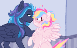 Size: 1024x640 | Tagged: safe, artist:azure-art-wave, imported from derpibooru, oc, oc only, oc:raincloud song, pegasus, pony, blushing, boop, chest fluff, female, lesbian, mare, noseboop, offspring, parent:dumbbell, parent:rainbow dash, parents:dumbdash