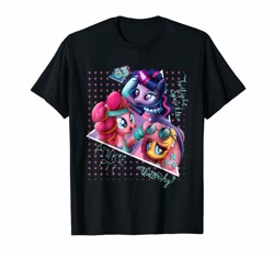 Size: 679x635 | Tagged: safe, imported from derpibooru, fluttershy, pinkie pie, twilight sparkle, alicorn, '83, 1983, 80s, clothes, hoofgazer fluttershy, official, pop princess twilight, shirt, t-shirt, twilight sparkle (alicorn)