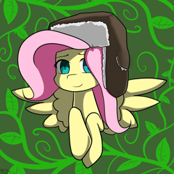 Size: 1280x1280 | Tagged: safe, artist:genericmlp, imported from derpibooru, fluttershy, pegasus, pony, bust, female, hat, looking at you, mare, portrait, smiling, solo, ushanka, wings