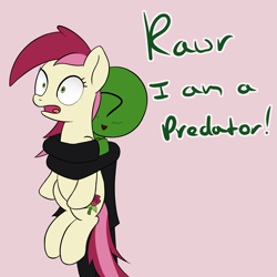 Size: 1335x1335 | Tagged: safe, artist:whiskeypanda, derpibooru exclusive, imported from derpibooru, roseluck, oc, oc:anon, human, pony, clothes, drawthread, duo, hug, pink background, scared, shrunken pupils, simple background, text