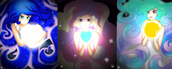 Size: 9894x3969 | Tagged: safe, artist:kisaradoesart16, imported from derpibooru, princess cadance, princess celestia, princess luna, human, female, heart, humanized, looking at you, moon, sun, trio