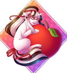 Size: 2249x2451 | Tagged: safe, artist:cinnamonaurora, imported from derpibooru, oc, oc only, pony, unicorn, apple, eyes closed, female, food, glasses, mare, open mouth, simple background, solo, transparent background