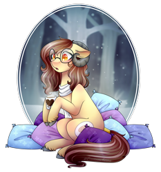 Size: 2420x2600 | Tagged: safe, artist:cinnamonaurora, imported from derpibooru, oc, oc only, earth pony, pony, clothes, coffee mug, female, glasses, mare, mug, pillow, scarf, simple background, transparent background
