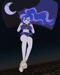 Size: 1740x2176 | Tagged: safe, artist:rileyav, imported from derpibooru, princess luna, equestria girls, belly button, city, clothes, commission, cutie mark accessory, female, legs, low angle, midriff, night, parachute, pink floyd, shirt, shorts, skydiving, smiling, solo, t-shirt, the dark side of the moon, vice principal luna, worm's eye view