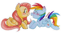 Size: 3371x1854 | Tagged: safe, artist:pilssken, imported from derpibooru, fluttershy, rainbow dash, pegasus, pony, blushing, eye contact, female, flutterdash, folded wings, lesbian, looking at each other, mare, missing cutie mark, profile, prone, shipping, simple background, smiling, traditional art, transparent background