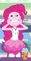 Size: 309x603 | Tagged: safe, imported from derpibooru, screencap, pinkie pie, equestria girls, equestria girls series, rollercoaster of friendship, clothes, cropped, cute, diapinkes, female, geode of sugar bombs, magical geodes, rah rah skirt, skirt, smiling