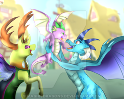 Size: 400x320 | Tagged: safe, artist:magiksdragons, imported from derpibooru, princess ember, spike, thorax, changedling, changeling, dragon, dragoness, excited, female, happy, joy, king thorax, obtrusive watermark, overjoyed, spikelove, watermark, winged spike, wings