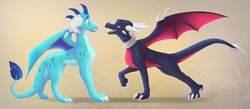 Size: 9318x4046 | Tagged: safe, artist:avaroncave, imported from derpibooru, princess ember, dragon, absurd resolution, collar, crossover, cynder, dragoness, duo, female, flirting, lesbian, open mouth, quadrupedal, raised claw, spyro the dragon, spyro the dragon (series), tan background, the legend of spyro