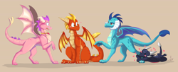 Size: 18105x7366 | Tagged: safe, artist:avaroncave, imported from derpibooru, princess ember, dragon, absurd resolution, blush sticker, blushing, crossover, cynder, dragoness, drake, ember (spyro), female, flame (spyro), group, heart, male, quartet, spyro the dragon, spyro the dragon (series), tan background, the legend of spyro