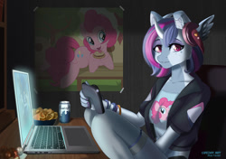 Size: 900x634 | Tagged: safe, artist:lifejoyart, imported from derpibooru, pinkie pie, oc, oc:aqua jewel, anthro, earth pony, pony, unicorn, anthro with ponies, chips, clothes, computer, controller, female, food, jacket, laptop computer, mare, soda, solo