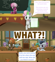 Size: 1920x2160 | Tagged: safe, artist:red4567, imported from derpibooru, button mash, cheerilee, diamond tiara, dinky hooves, lily longsocks, pipsqueak, rumble, snails, snips, sweetie belle, earth pony, pony, unicorn, 3d, adorasocks, breaking the fourth wall, confused, cute, diamond tiara is not amused, diasweetes, dinkabetes, exclamation point, female, fourth wall observer, foxtrot, glowing horn, interrobang, like mother like daughter, like parent like child, lilydorable, magic, male, question mark, report, shipping, shipping fuel, sleeping, source filmmaker, squeakabetes, straight, sweetie belle's magic brings a great big smile, sweetiemash, telekinesis, unamused, waving, waving at you, wide eyes