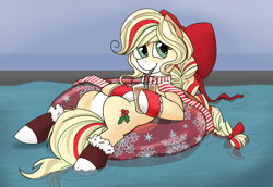 Size: 1024x703 | Tagged: safe, artist:cadetredshirt, imported from derpibooru, oc, oc only, oc:hollie, earth pony, pony, alternate hairstyle, bow, braid, christmas, clothes, cute, drinking straw, floating, green eyes, hair bow, happy, heart eyes, highlights, holiday, scarf, smiling, socks, solo, stockings, summer, thigh highs, this is fine, tube, water, wet mane, wingding eyes, yellow mane