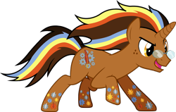 Size: 3370x2147 | Tagged: safe, artist:imperfectxiii, imported from derpibooru, oc, oc only, oc:copper plume, pony, unicorn, glasses, horn, male, rainbow power, rainbow power-ified, raised hoof, simple background, solo, stallion, transparent background, unicorn oc