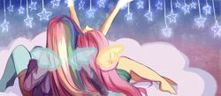 Size: 1600x700 | Tagged: safe, artist:dez, imported from derpibooru, fluttershy, rainbow dash, equestria girls, cloud, female, flutterdash, lesbian, on a cloud, shipping, sitting on a cloud, sitting on cloud, stars