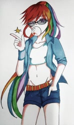 Size: 756x1280 | Tagged: safe, artist:dez, imported from derpibooru, rainbow dash, human, belly button, bubblegum, clothes, female, food, gum, humanized, jacket, looking at you, midriff, one eye closed, shorts, solo, traditional art, wink