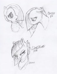 Size: 1937x2490 | Tagged: safe, artist:dilarus, deleted from derpibooru, imported from derpibooru, part of a set, limestone pie, marble pie, earth pony, pony, bust, duo, female, grayscale, mare, monochrome, pie sisters, siblings, signature, sisters, sketch, traditional art