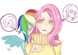 Size: 1000x700 | Tagged: safe, artist:dez, imported from derpibooru, fluttershy, rainbow dash, human, blushing, clothes, female, flutterdash, hiding, humanized, lesbian, shipping, simple background, white background, winged humanization, wings