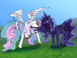 Size: 1280x956 | Tagged: safe, artist:greyscaleart, imported from derpibooru, princess celestia, princess luna, alicorn, pony, :p, colored, cute, eyes closed, female, freckles, greyscaleart is trying to murder us, laughing, mare, royal sisters, silluna, silly, smiling, tickling, tongue out