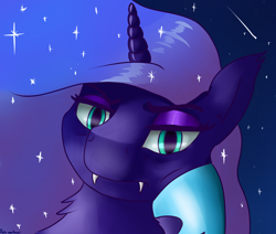 Size: 1980x1680 | Tagged: safe, artist:dukevonkessel, imported from derpibooru, nightmare moon, alicorn, pony, bored, bust, ethereal mane, eyeshadow, fangs, female, looking at you, makeup, mare, night, portrait, solo, stars