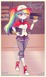 Size: 1028x1726 | Tagged: safe, artist:cinyanmon, imported from derpibooru, rainbow dash, eqg summertime shorts, equestria girls, good vibes, baseball cap, cap, clothes, converse, female, hat, shoebox, shoes, shorts, smiling, sneakers, socks, solo, watermark, wristband