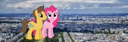 Size: 1050x350 | Tagged: safe, artist:jerryakira79, imported from derpibooru, caramel, pinkie pie, earth pony, pony, female, giant pony, highrise ponies, irl, macro, paris, photo, ponies in real life