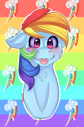 Size: 1681x2533 | Tagged: safe, artist:dashiekawaii145, imported from derpibooru, rainbow dash, pegasus, pony, :p, adorkable, blushing, bust, chest fluff, cute, cutie mark, cutie mark background, dork, female, floppy ears, fluffy, looking at you, silly, solo, tongue out