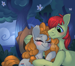 Size: 2250x2000 | Tagged: safe, artist:passigcamel, artist:renokim, imported from derpibooru, bright mac, pear butter, earth pony, pony, the perfect pear, accessory swap, applejack's parents, blushing, brightbutter, cowboy hat, eyes closed, female, hat, hug, male, shipping, stetson, straight, tree, wet