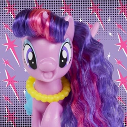 Size: 640x640 | Tagged: safe, imported from derpibooru, twilight sparkle, alicorn, pony, alternate hairstyle, female, jewelry, looking at you, mare, necklace, official, open mouth, pop princess twilight, san diego comic con, sdcc 2018, solo, toy