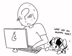 Size: 934x731 | Tagged: safe, imported from derpibooru, oc, oc only, oc:anon, oc:zala, human, zebra, blushing, computer, female, filly, keyboard, male, monochrome, sweat