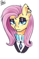 Size: 1181x1772 | Tagged: safe, artist:php97, imported from derpibooru, fluttershy, pony, fake it 'til you make it, bust, clothes, ear piercing, female, fluttergoth, lidded eyes, looking at you, mare, piercing, portrait, simple background, solo, white background