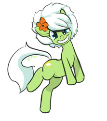 Size: 982x1107 | Tagged: safe, artist:moronsonofboron, imported from derpibooru, oc, oc only, oc:sunny nebels, earth pony, pony, female, flower, flower in hair, looking at you, mare, simple background, smiling, solo, standing, standing on one leg