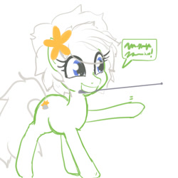 Size: 1200x1200 | Tagged: safe, artist:moronsonofboron, imported from derpibooru, oc, oc only, oc:sunny nebels, earth pony, pony, female, flower, flower in hair, mare, mouth hold, pointer, simple background, smiling, solo