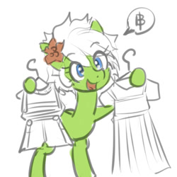 Size: 600x600 | Tagged: safe, artist:moronsonofboron, imported from derpibooru, oc, oc only, oc:sunny nebels, earth pony, pony, bipedal, clothes, clothes hanger, female, flower, flower in hair, looking at you, mare, simple background, smiling, solo