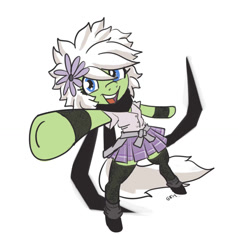 Size: 878x924 | Tagged: safe, artist:moronsonofboron, imported from derpibooru, oc, oc only, oc:sunny nebels, earth pony, pony, bipedal, clothes, cosplay, costume, dress, female, flower, flower in hair, mare, no more heroes, shinobu, simple background, smiling, solo