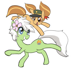 Size: 1004x955 | Tagged: safe, artist:moronsonofboron, imported from derpibooru, oc, oc only, oc:dulce deleche, oc:sunny nebels, earth pony, pony, duo, female, flower, flower in hair, looking at each other, mare, simple background, smiling