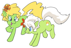 Size: 1003x681 | Tagged: safe, artist:moronsonofboron, imported from derpibooru, oc, oc only, oc:sunny nebels, oc:tropicana, earth pony, pony, duo, female, flower, flower in hair, mare, simple background, smiling