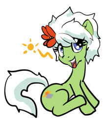 Size: 706x780 | Tagged: safe, artist:moronsonofboron, imported from derpibooru, oc, oc only, oc:sunny nebels, earth pony, pony, female, flower, flower in hair, looking at you, mare, simple background, smiling, solo