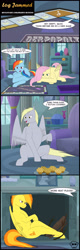 Size: 1700x5325 | Tagged: safe, artist:mighty-muffins, imported from derpibooru, derpy hooves, fluttershy, rainbow dash, spitfire, pegasus, pony, comic:toxic-mario's derpfire shipwreck, anatomically incorrect, board game, comic, couch, dialogue, female, fireplace, food, incorrect leg anatomy, joke, log, mantle, monopoly, muffin, spitfire's hair is fire, table