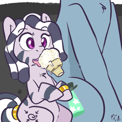 Size: 800x800 | Tagged: safe, artist:mt, imported from derpibooru, limelight, oc, oc only, oc:zala, zebra, cute, female, filly, food, ice cream, ice cream cone, male, royal guard, stallion