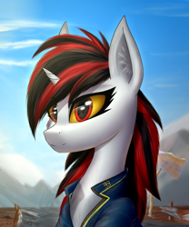 Size: 1000x1200 | Tagged: safe, artist:xeniusfms, imported from derpibooru, oc, oc only, oc:blackjack, pony, unicorn, fallout equestria, fallout equestria: project horizons, clothes, fanfic art, female, solo, wasteland