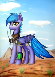 Size: 2500x3500 | Tagged: safe, artist:xeniusfms, imported from derpibooru, oc, oc only, oc:star beacon, pegasus, pony, fallout equestria, battle saddle, clothes, energy weapon, female, gun, hooves, laser rifle, magical energy weapon, mare, pipbuck, rifle, solo, wasteland, weapon, wings